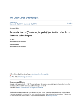 Terrestrial Isopod (Crustacea, Isopoda) Species Recorded from the Great Lakes Region