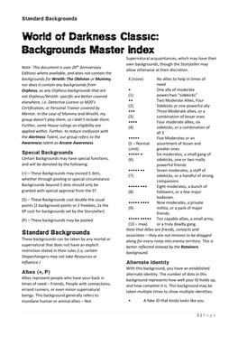 World of Darkness Classic: Backgrounds Master Index