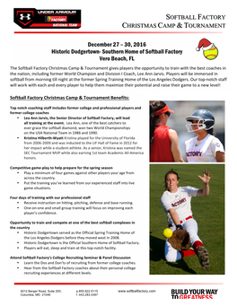 December 27 – 30, 2016 Historic Dodgertown- Southern Home of Softball Factory Vero Beach, FL