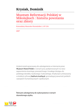 Krysiak, Dominik Muzeum Reformacji Polskiej W Mikołajkach : Historia Powstania Oraz Zbiory