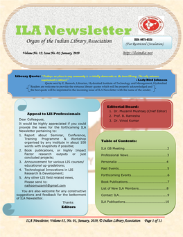 ILA Newsletter ISSN: 0971-0531 Organ of the Indian Library Association