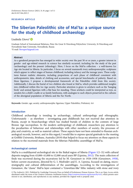The Siberian Paleolithic Site of Mal'ta: a Unique Source for the Study Of