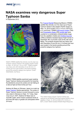 NASA Examines Very Dangerous Super Typhoon Sanba 14 September 2012
