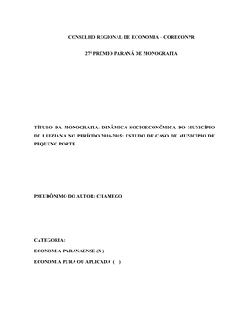 Dinâmica Socioeconômica Do Município De Luiziana No Período 2010-2015: Estudo De Caso De Município De Pequeno Porte