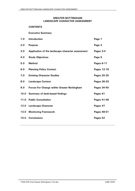 GREATER NOTTINGHAM LANDSCAPE CHARACTER ASSESSMENT CONTENTS Executive Summary 1.0 Introduction Page 1 2.0 Purpose Page 2 3.0 A