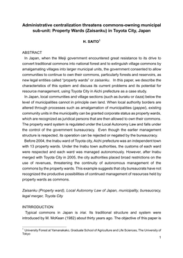 Administrative Centralization Threatens Commons-Owning Municipal Sub-Unit: Property Wards (Zaisanku) in Toyota City, Japan