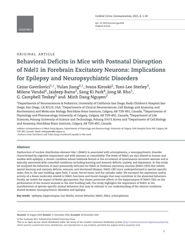 Behavioral Deficits in Mice with Postnatal Disruption of Ndel1 In