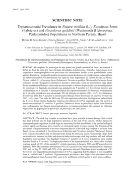 Trypanosomatid Prevalence in Nezara Viridula (L.), Euschistus Heros (Fabricius) and Piezodorus Guildinii (Westwood) (Heteroptera