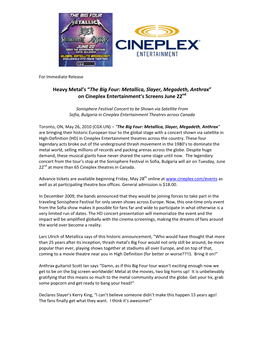 The Big Four: Metallica, Slayer, Megadeth, Anthrax” on Cineplex Entertainment’S Screens June 22Nd