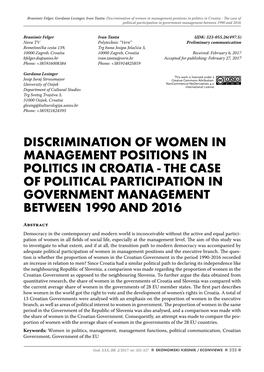 Discrimination of Women in Management Positions in Politics in Croatia-The Case of Political Participation in Government Management Between 1990