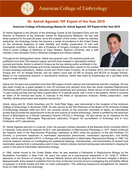 Dr. Ashok Agarwal: IVF Expert of the Year 2019 American College of Embryology Names Dr