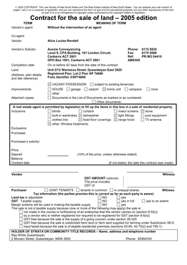 Contract for the Sale of Land – 2005 Edition TERM MEANING of TERM Vendor’S Agent Without the Intervention of an Agent