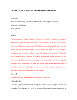 Gorgias' Περὶ Τοῦ Μὴ Ὄντος and Its Relation to Skepticism