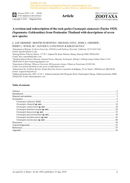 A Revision and Redescription of the Rock Gecko Cnemaspis Siamensis