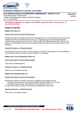 STEWARDS SUMMARY of JUDICIAL OUTCOMES Page | 1