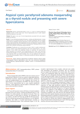 Atypical Cystic Parathyroid Adenoma Masquerading As a Thyroid Nodule and Presenting with Severe Hypercalcemia