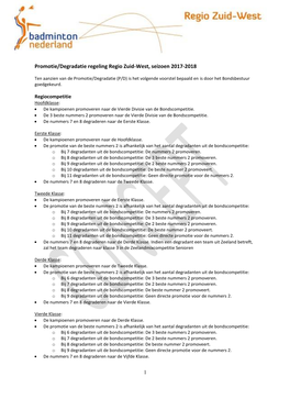 Promotie/Degradatie Regeling Regio Zuid-West, Seizoen 2017-2018