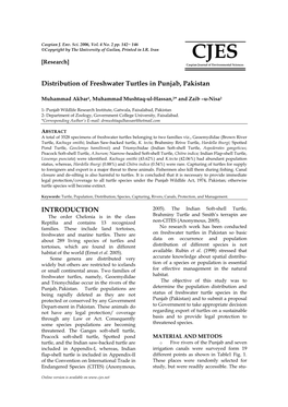 Distribution of Freshwater Turtles in Punjab, Pakistan INTRODUCTION