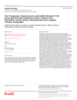 New Cryogenian, Neoproterozoic, and Middle Paleozoic U–Pb Zircon Ages from the Caledonia Terrane, Southern New Brunswick, Cana