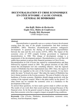 Decentralisation Et Crise Economique En Côte D'ivoire : Cas Du Conseil General De Dimbokro