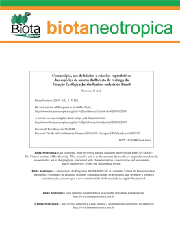 Composição, Uso De Hábitat E Estações Reprodutivas Das Espécies De Anuros Da Floresta De Restinga Da Estação Ecológica Juréia-Itatins, Sudeste Do Brasil