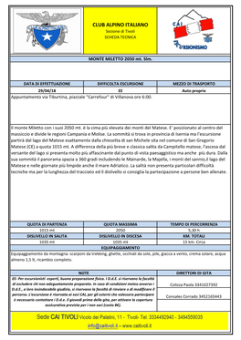 CLUB ALPINO ITALIANO Sezione Di Tivoli SCHEDA TECNICA