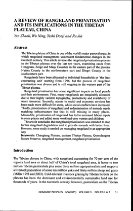 A REVIEW of RANGELAND PRIVATISATION and ITS IMPLICATIONS in the TIBETAN PLATEAU, CHINA Yan Zhaoli, Wu Ning, Yeshi Dorji and Ru Jia