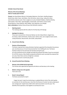 St Bride's Church Fleet Street Minutes of the Annual Meetings Held on Tuesday April 23 2013 Present: Ven David Meara (Rector)