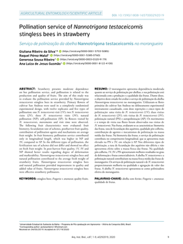 Pollination Service of Nannotrigona Testaceicornis Stingless Bees in Strawberry Serviço De Polinização Da Abelha Nannotrigona Testaceicornis No Morangueiro