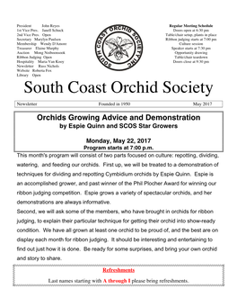 May 2017 Orchids Growing Advice and Demonstration by Espie Quinn and SCOS Star Growers