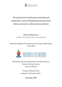 The Potential Role of Antibacterial, Antioxidant and Antiparasitic Activity of Peltophorum Africanum Sond. (Fabaceae) Extracts in Ethnoveterinary Medicine