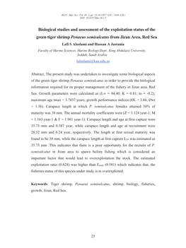 Biological Studies and Assessment of the Exploitation Status of the Green Tiger Shrimp Penaeus Semisulcatus from Jizan Area