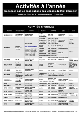 Activités À L'année Proposées Par Les Associations Des Villages Du Midi Corrézien