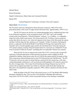 Blood 1 Michael Blood Kimon Keramidas Digital Collaborations, Object Study and Annotated Checklist Spring 2020 Cultural Regard F