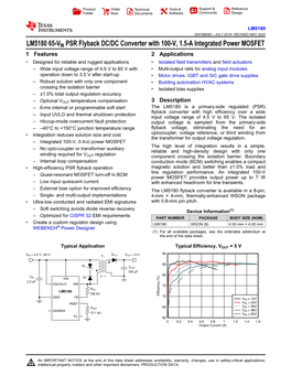 LM5180 65-VIN PSR Flyback DC/DC Converter with 100-V, 1.5-A Integrated Power MOSFET 1 Features 2 Applications