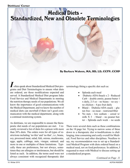 Medical Diets - Standardized, New and Obsolete Terminologies