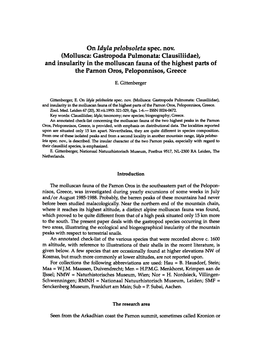 Mollusca: Gastropoda Pulmonata: Clausiliidae), and Insularity in the Molluscan Fauna of the Highest Parts of the Parnon Oros, Peloponnisos, Greece