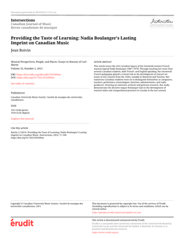 Providing the Taste of Learning: Nadia Boulanger's Lasting Imprint On