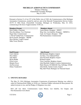 MICHIGAN AERONAUTICS COMMISSION Minutes of Meeting Chesterfield Township, Michigan May 25, 2016