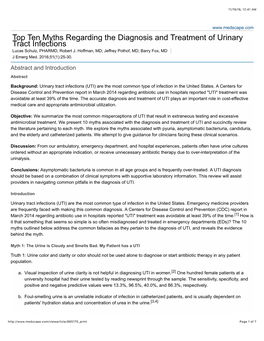 Top Ten Myths Regarding the Diagnosis and Treatment of Urinary Tract Infections Lucas Schulz, PHARMD; Robert J