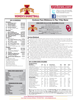 Cyclones Face Oklahoma in Play 4 Kay Game November 1 Coe College (Exh.) W, 87-33 IOWA STATE (15-9, 6-7) VS