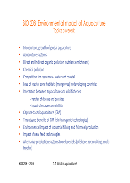 BIO 208 Environmental Impact of Aquaculture Topics Covered