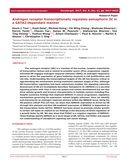 Androgen Receptor Transcriptionally Regulates Semaphorin 3C in a GATA2-Dependent Manner