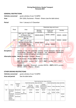 Driving Restrictions, Goods Transport Romania 2021