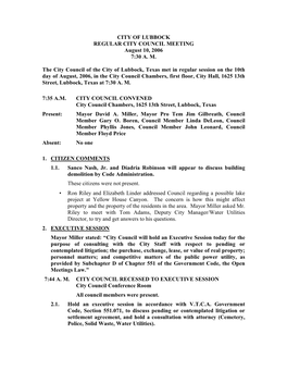 CITY of LUBBOCK REGULAR CITY COUNCIL MEETING August 10, 2006 7:30 A