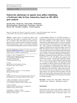 Eukaryotic Phylotypes in Aquatic Moss Pillars Inhabiting a Freshwater Lake in East Antarctica, Based on 18S Rrna Gene Analysis