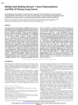 Methyl-Cpg Binding Domain 1 Gene Polymorphisms and Risk of Primary Lung Cancer