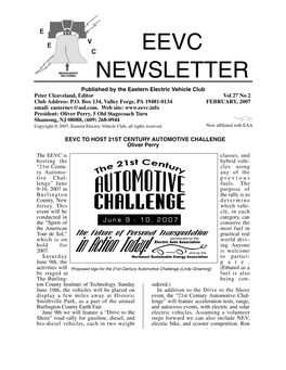 EEVC NEWSLETTER Published by the Eastern Electric Vehicle Club Peter Cleaveland, Editor Vol 27 No 2 Club Address: P.O