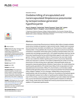 Oxidative Killing of Encapsulated and Nonencapsulated Streptococcus Pneumoniae by Lactoperoxidase-Generated Hypothiocyanite