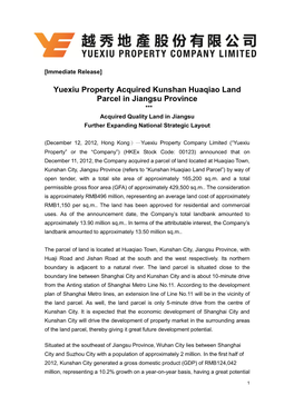 Yuexiu Property Acquired Kunshan Huaqiao Land Parcel in Jiangsu Province *** Acquired Quality Land in Jiangsu Further Expanding National Strategic Layout